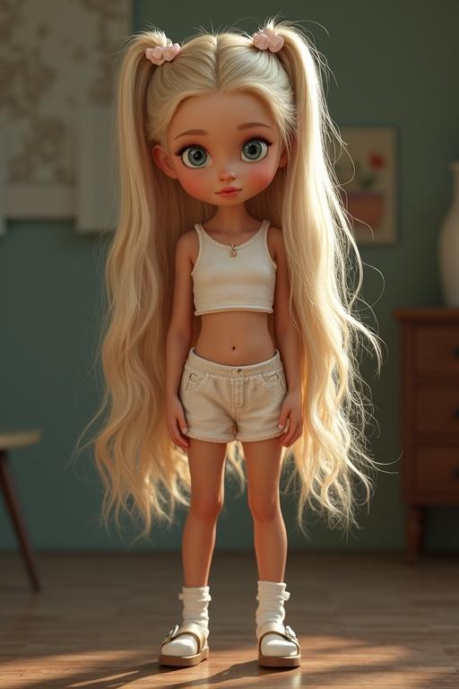 Portrait of a young girl with long blonde hair styled with clips and bows. She wears a tight crop top and shorts. Her attire is complemented with white socks and sandals. The image showcases her beautiful tanned skin. Captured in a photo realistic manner with realistic shadows and high resolution quality.