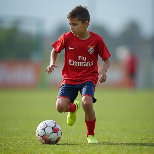 Child playing football on an outdoor field. Dressed in red sports kit. Focused on the ball. Natural setting with grass.