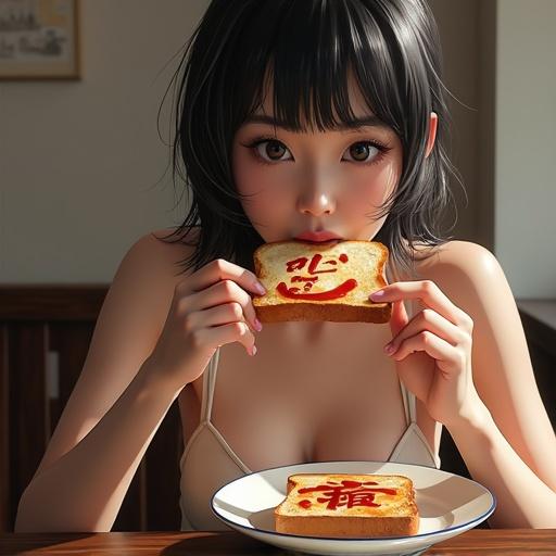 Realistic image of a young woman with cosplay. Character wears a revealing costume and holds a toast. The toast has text in Japanese. A black cat hides nearby. Image is detailed and vibrant.