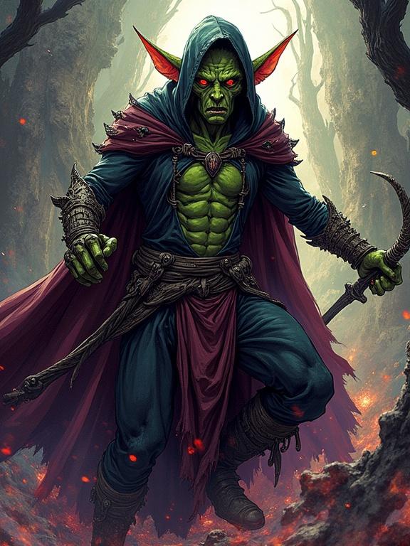 Goblin warlock in an action pose with unique features. Dark fantasy background with detailed elements. Comic book and anime style with cel-shading. Heavy line work for character design. Speed lines for movement. Bright colors and particle effects.