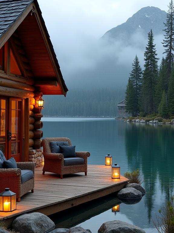 Rustic log cabin located on a lakeside patio. Surrounded by misty mountains and tall evergreen trees. Warm lighting from lanterns creates an inviting atmosphere. Wicker chairs with charcoal cushions are placed on a natural wood deck. Crystal-clear water reflects the beautiful landscape. The scene conveys peace and tranquility.