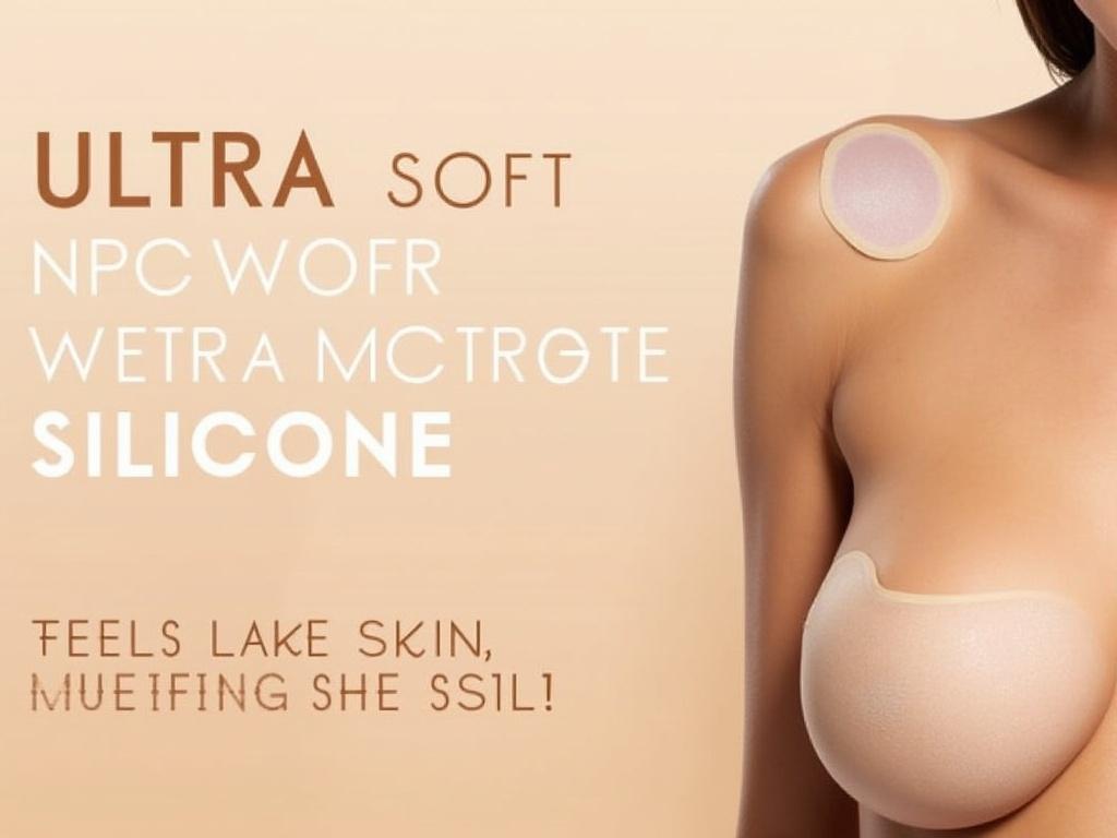 The image features a shoulder and upper chest area of a person with a smooth, tanned skin tone. The prominent main subject is two silicone breast pads, designed to mimic the appearance and feel of natural skin. The background is a soft gradient from light beige to warm tones, enhancing the natural look of the silicone. The text overlays highlight the product features, stating 'ULTRA SOFT, ULTRA THIN SILICONE' and 'Feels like skin, looks like skin!' in bold fonts.