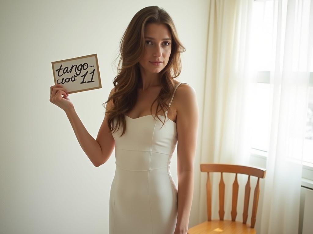 The image presents a woman with long, wavy hair, wearing a fitted white dress. She is positioned in a bright, airy room, significantly illuminated by natural light. In her right hand, she holds a small handwritten sign that reads 'tangoart11'. The background features soft curtains and a simple wooden chair, contributing to a serene atmosphere. The overall tone of the image is casual yet intimate, capturing a moment of personal expression.