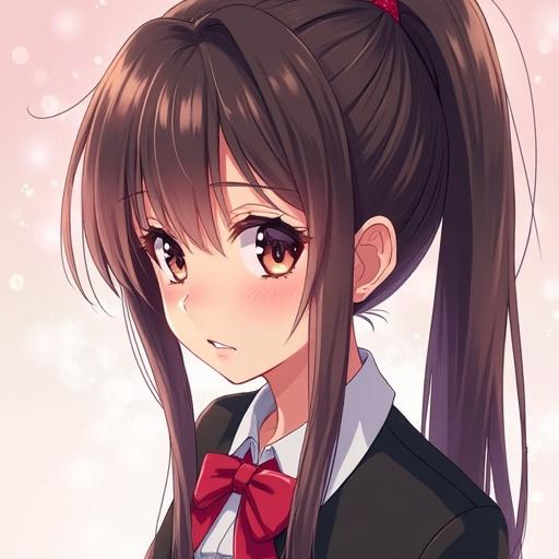 Anime-style girl with a blush expression wearing a school uniform and ribbon. She has long brown hair and a cheerful demeanor.