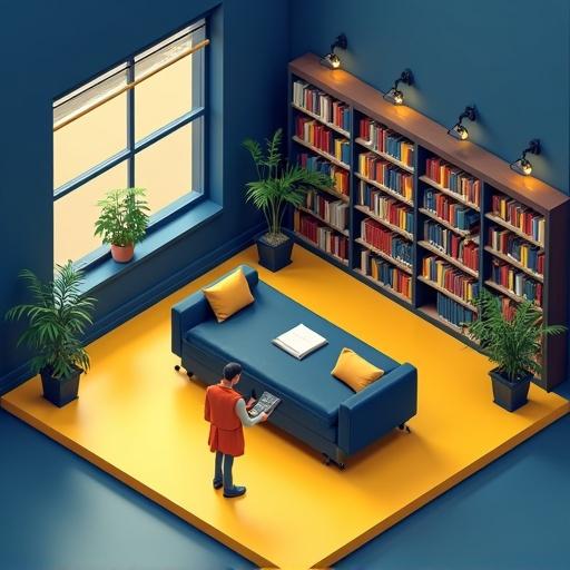 Library room with navy blue and yellow colors. Isometric perspective showcasing a collection of bookshelves and a sofa. High contrast and blocky style contribute to a super realistic appearance.