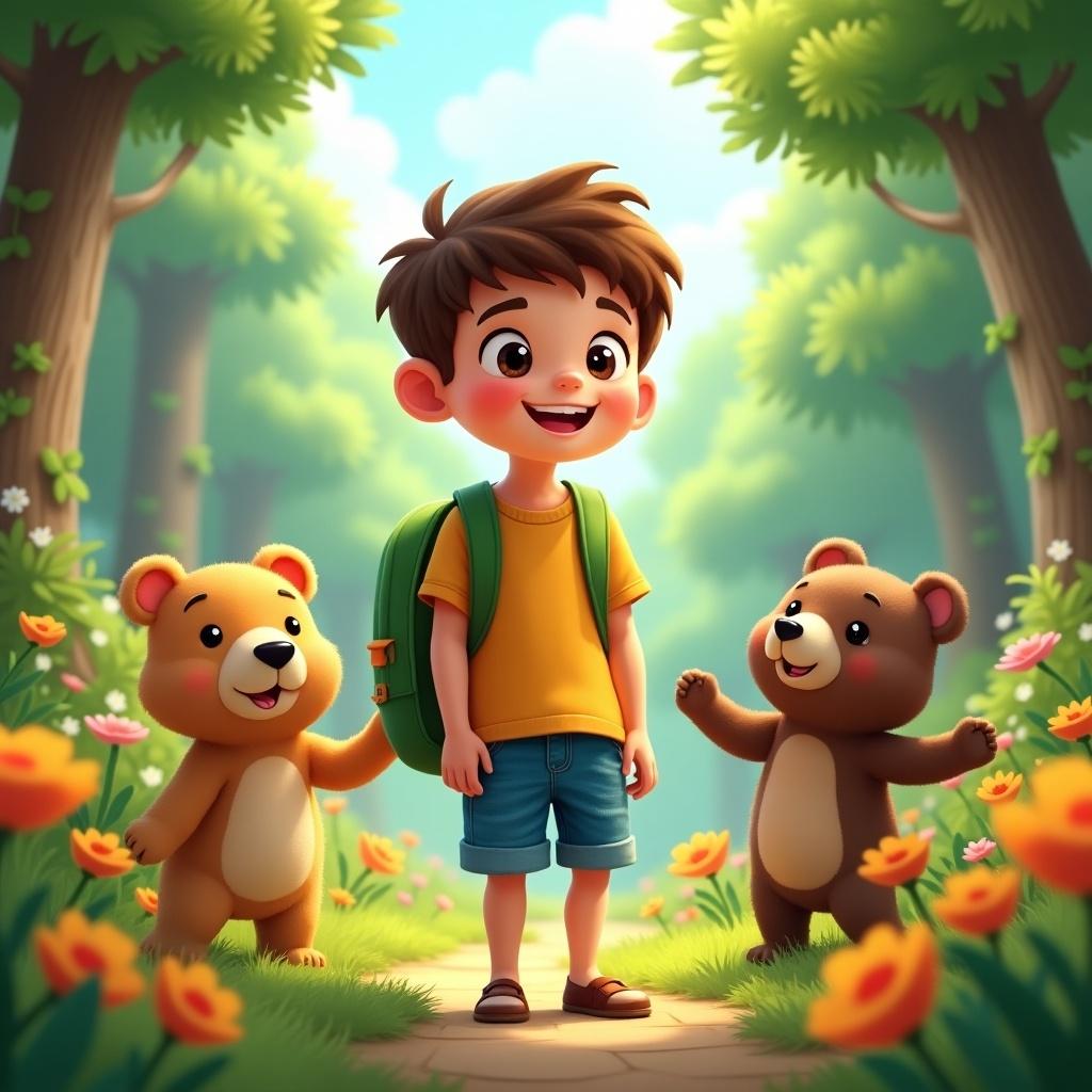 The image features a cheerful young boy named Finn, standing in a vibrant forest. He has short brown hair, bright eyes, and is wearing a t-shirt with denim shorts. Finn carries a green backpack, exuding joy and adventure. Surrounding him are cute animated animals, including playful bears. The scene is bright and sunny, filled with flowers and lush greenery, creating a sense of wonder and playfulness.