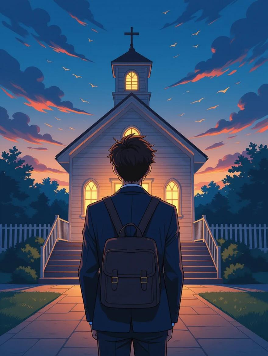 Vibrant book cover design features a student in uniform facing a small lit chapel at twilight. Central theme is a spiritual journey. Background shadows suggest a mysterious enemy. Cinematic lighting with contrasts of purple and gold.
