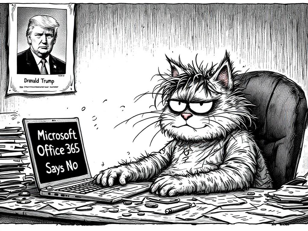 Black-and-white cartoon showing a frustrated cat at a messy desk. Cat has messy hair and sweat on forehead. Laptop screen shows text about Microsoft Office 365 issues. Background features a political poster. Detailed lines create a rough, sarcastic vibe. No colors. Landscape aspect.