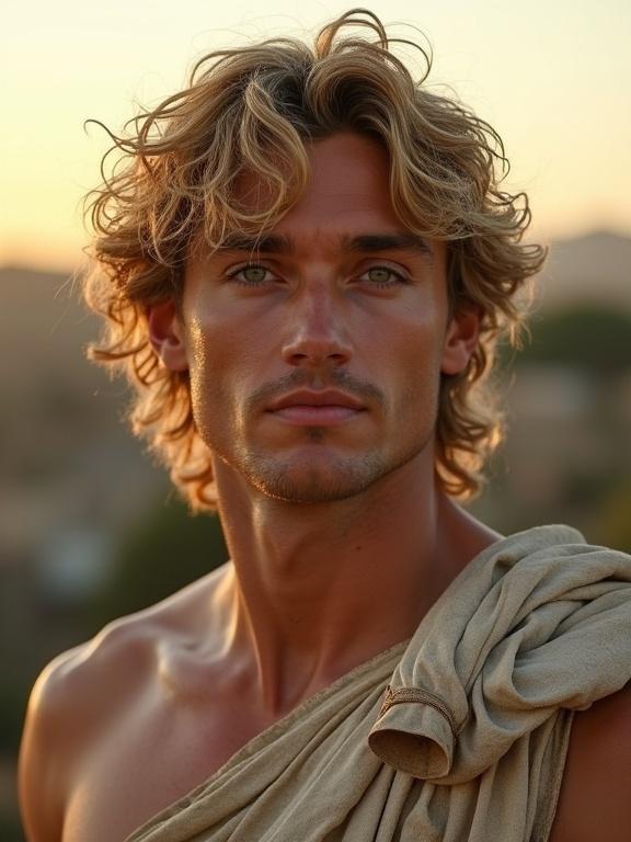 A portrait of a handsome man resembling a Roman emperor. Blonde mid-length curly hair. Smooth jaw and shaven face. Tanned skin and chiseled features. Grey-green eyes. Outdoor settings with a roman landscape. Natural hair texture and flowing hair. 30 years old with elegant classical facial features. High-quality photograph taken in soft sunset lighting.