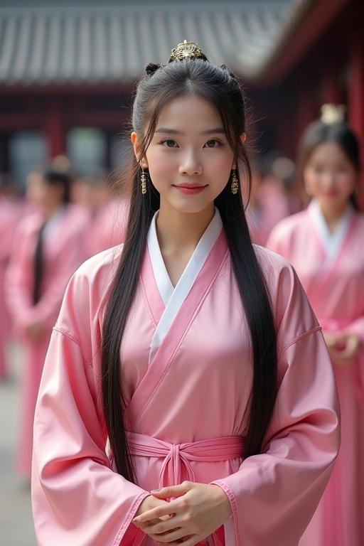 A group of women dressed in pink silk hanfu in a Chinese castle. The main focus is on an attractive woman with long hair styled in pigtails. She stands confidently in the foreground. Other women are blurred in the background.