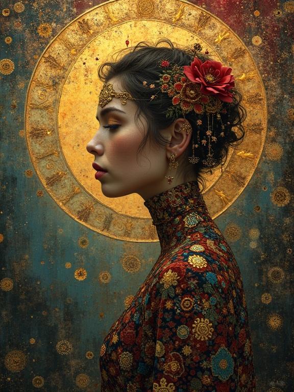 Profile of a woman with intricate floral accessories and a golden background featuring elaborate designs.