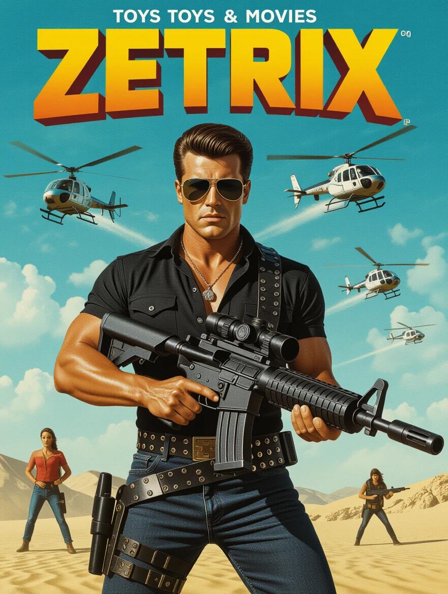 Retro style poster depicting an action hero character in a black shirt and jeans with slicked back hair. The character is wielding a large gun in a desert setting. Helicopters are visible in the background. The image is brightly colored with an emphasis on vivid hues. This design resembles the style of classic 80s action movie posters.