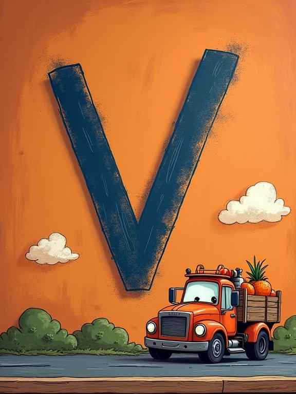 Playful cartoon illustration of a dusty orange chalkboard with a bold letter 'V' in navy blue chalk. Truck-like face on the letter with eyes and smile. Cute mini pickup truck with wooden sides, smiling face, tiny wheels, loaded with fruit. Fun elements like chalk dust clouds, doodled road, wooden frame, and tire tracks. Rustic primary colors with chalk textures.