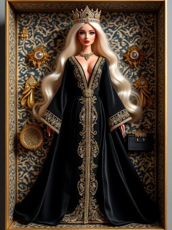 Hyper-realistic 3D doll wears luxurious black Moroccan caftan with gold embroidery. Long flowing platinum blonde hair styled in waves. Full glam makeup with bold eyeshadow and flawless skin. Majestic golden crown with jewels. Stands inside transparent box with vibrant Moroccan zellige tile background. Surrounded by elegant gold Moroccan accessories like earrings, necklaces, mirror, lipstick, sunglasses, and black purse. Box top has engraved gold text 'Royal IZZA – Moroccan Caftan'.