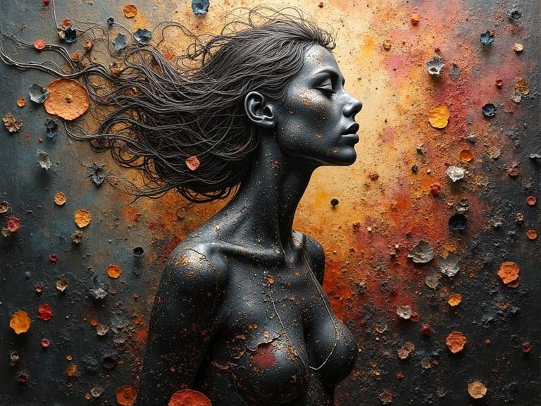 Mixed media artwork features a female figure with flowing hair against a textured background. Uses various materials such as newspaper, jute fibers, wood, and confetti. Showcases depth and surface detail. Dark and warm colors create an evocative atmosphere.