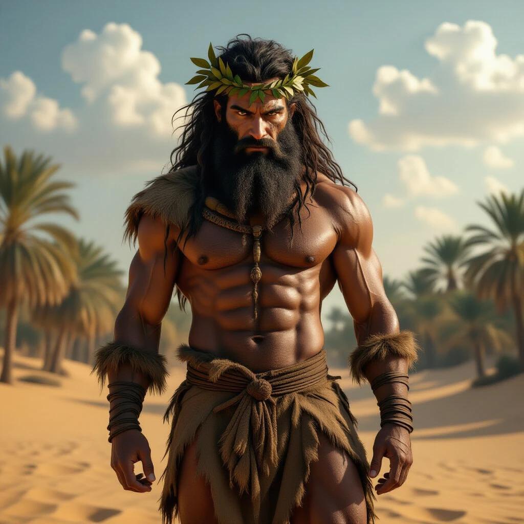 Hyper-realistic full-body portrait of Enkidu from the Epic of Gilgamesh. Character is muscular and covered in thick hair. Wears an animal hide loincloth. Features fierce eyes and tangled hair with leaves. Stands in Mesopotamian wilderness on sand. Background shows sunlit forest and dramatic sky.