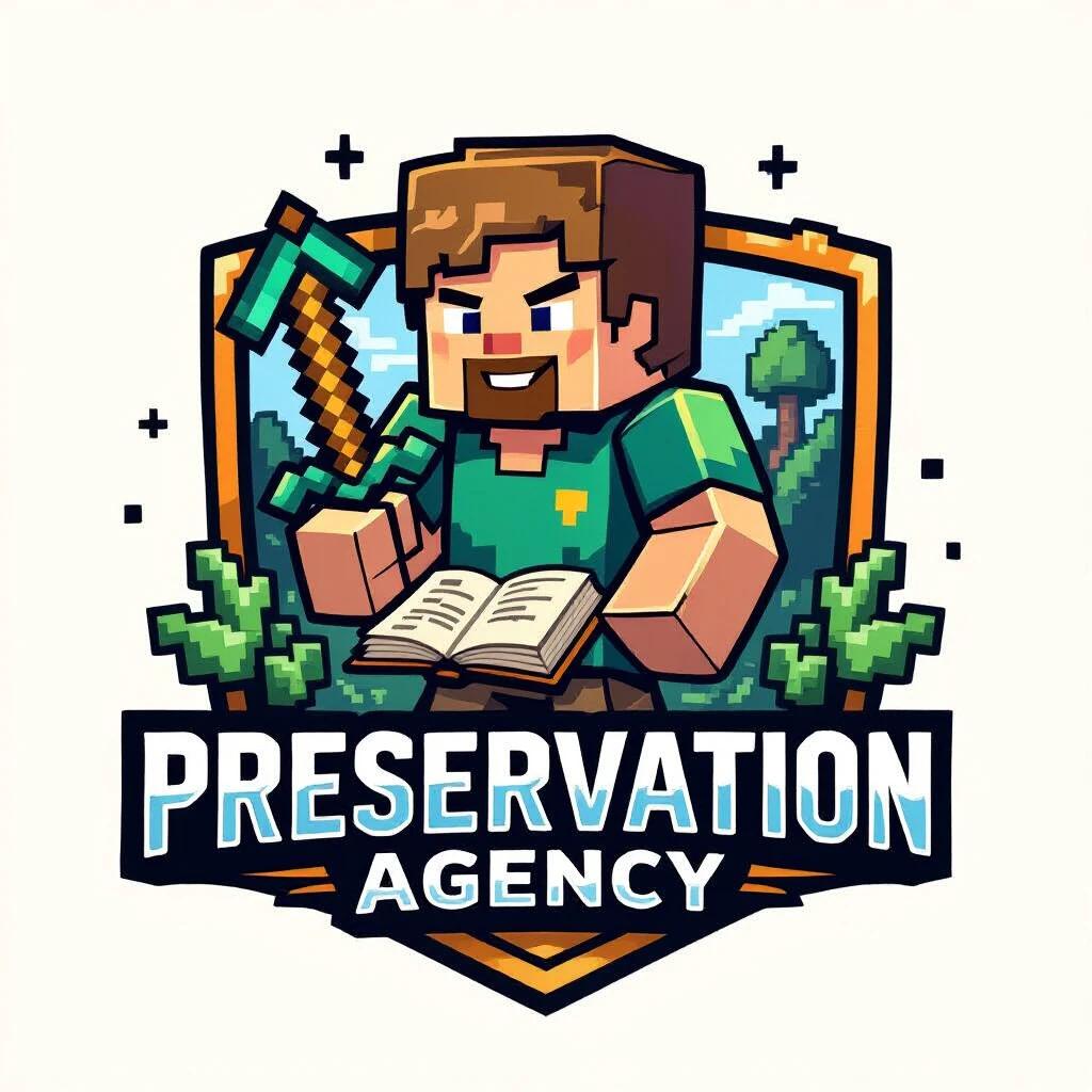 Logo for a preservation agency that takes raw chat logs from Minecraft, processes them to generate wiki pages and historical narratives, preserves online communities. The logo should appear authoritative and powerful.