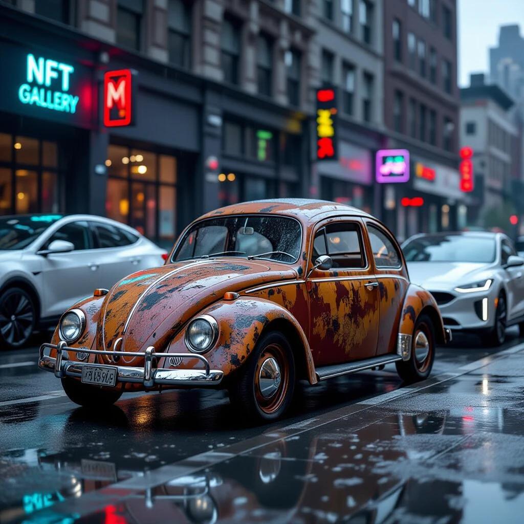 Ultra realistic street photograph of a rusted 1949 Volkswagen Beetle Type 1 parked between shiny modern cars in a rainy downtown. The beetle shows heavy rust and decay. Rain-soaked asphalt reflects neon signs. Skyscrapers with holographic ads form a blurred background. The scene conveys a contrast between decay and modernity. High level of detail and realism characteristic of contemporary photography.