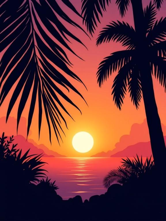 A sunset scene viewed through a palm frond. Silhouettes of palm trees frame a vibrant orange and pink sunset. The sun is centrally located in the mid-ground. The palm frond obscures part of the sunset, creating dramatic contrast with warm sky colors. The perspective is from a lower vantage point. The atmosphere is peaceful and serene. Silhouettes of palm trees and other vegetation create a sense of a tropical location. The style is simple and evocative of a tropical sunset.