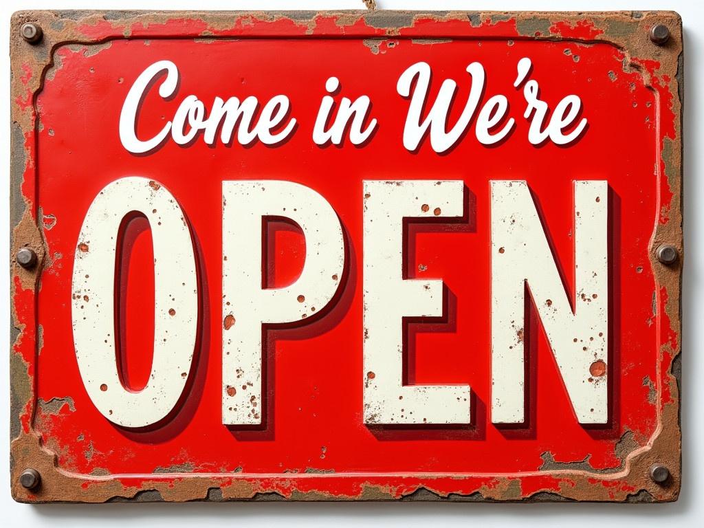 The sign is a vintage-style open sign with a rustic appeal. It features a bright red background with the words 'Come in, We're OPEN' written in large, bold white letters. The font used for 'Come in' has a cursive, handwritten look, contrasting with the block letters of 'OPEN'. The edges of the sign are slightly worn, giving it an authentic old-fashioned feel. Overall, the design evokes a warm and inviting atmosphere, perfect for a small, charming shop.