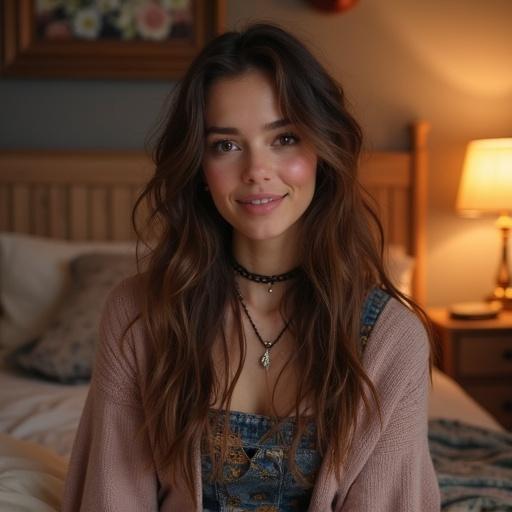 Woman with brown hair sitting in a cozy bedroom. She wears boho clothing and has a relaxed smile. The bedroom has gamer decor and warm lighting.