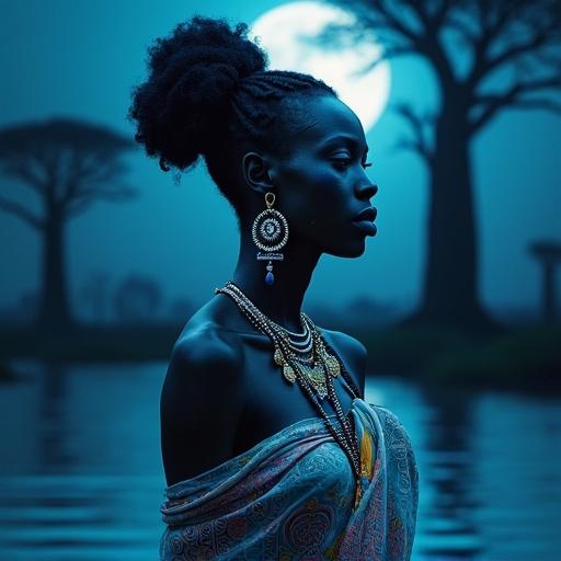 Captivating West African water spirit stands in a moonlit lagoon. Features deep blue-black skin with sacred tribal markings. Eyes glow with silver. Wears vibrant aquatic jewelry and a translucent gown. Background shows Baobab trees and glowing Adinkra symbols. Mood is serene and mystical. Focus on intricate earrings in soft lighting.