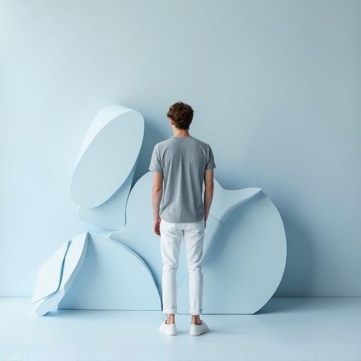 Depict a male model standing in front of sculptural forms. Use soft blue-gray tones against a light background. Apply subtle diffused lighting for gentle shadows. Center the composition with the model as the focal point. Model wears a gray t-shirt and white jeans. Highlight serenity and simplicity in an expansive negative space.