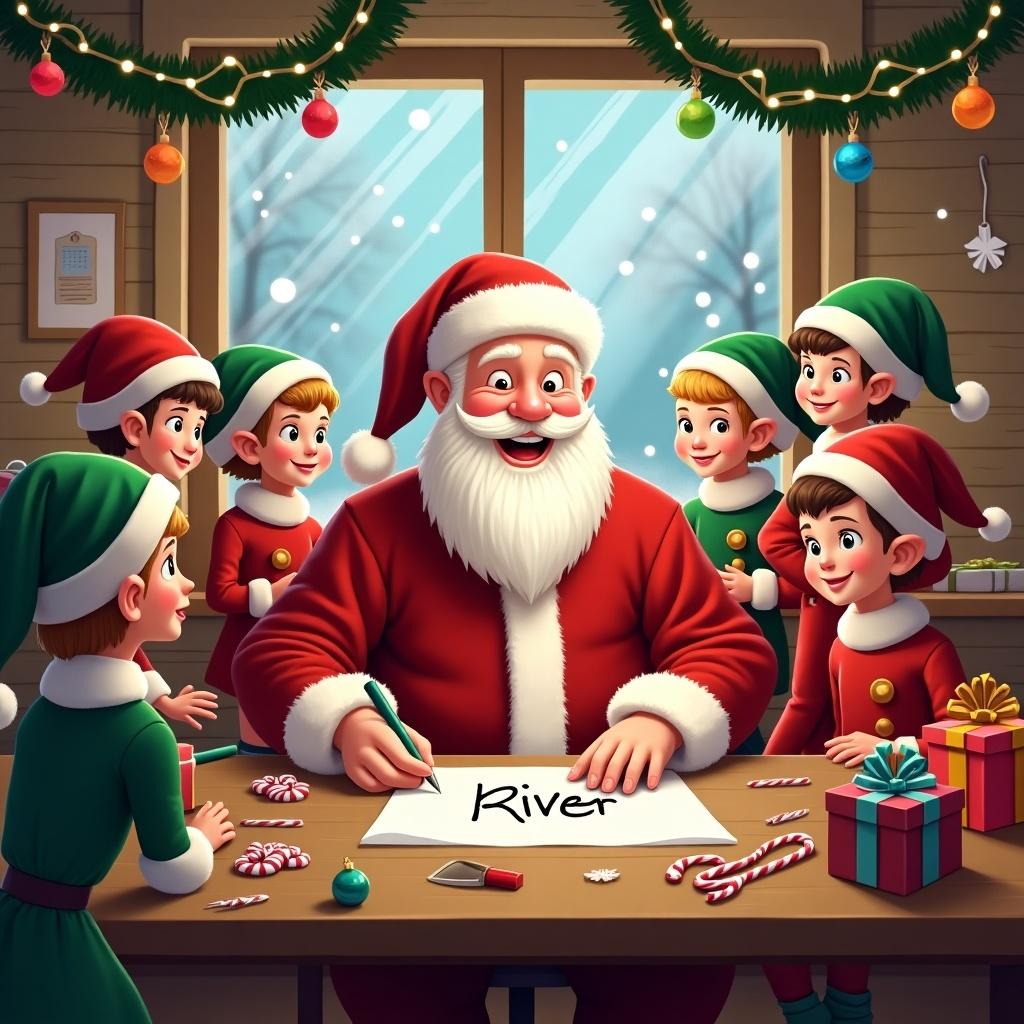 This image depicts a joyful Christmas scene inside a workshop. Santa Claus is at a table, surrounded by smiling elves who wear green hats and red outfits. They are all engaged in festive activities with brightly wrapped presents scattered about. The window shows snow outside, adding to the cozy winter feel of the scene. Candy canes and colorful ornaments enhance the holiday spirit. Warm lights create an inviting atmosphere, making it a perfect depiction of Christmas joy. Santa is writing the name 'River' on a piece of paper.