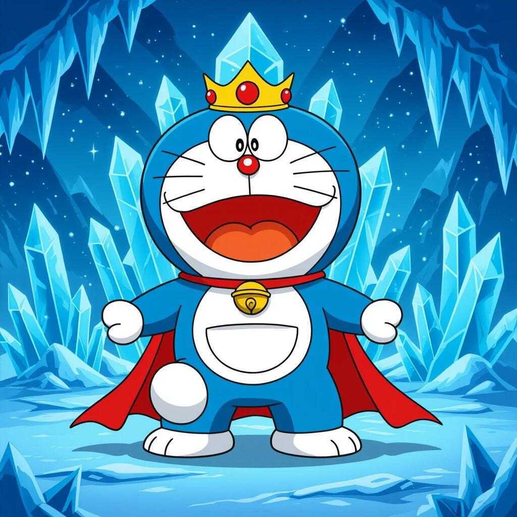 Doraemon stands proudly on an ice throne. He wears a royal crown and a cape. Crystal formations surround him. The background is vibrant and icy. His expression is joyful and proud.