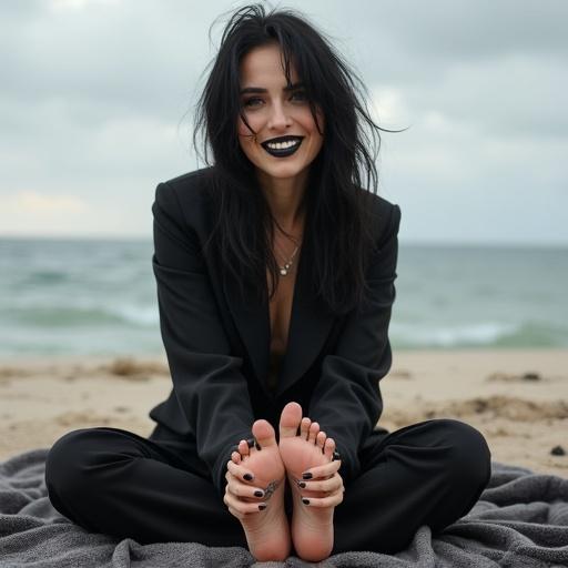 Mature goth woman with long black hair and black lips at the beach. She sits on a blanket. Her tattooed feet are on display.  She carries a warm smile. Her style is alternative and relaxed.