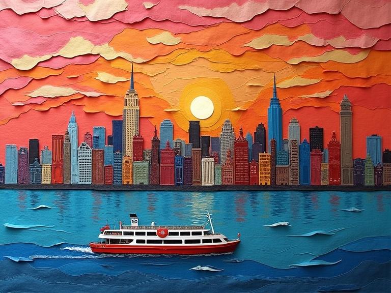 3D multi-layered collage of New York City featuring a Staten Island Ferry at sunset. Buildings made from colorful textile pieces. Sky and water have quilted textures with warm gradients and cooler shades.