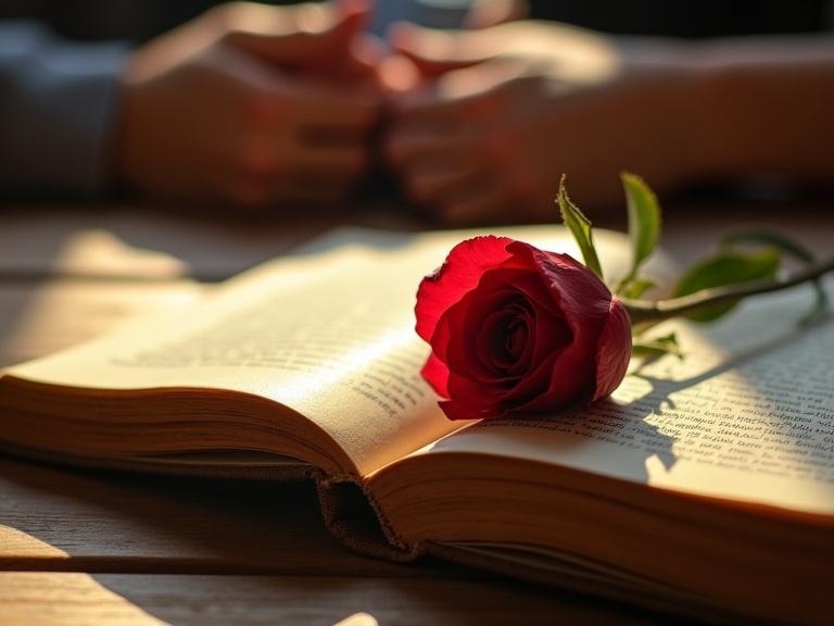 A vibrant red rose rests on an open weathered book. Soft golden light highlights the scene. Intertwined hands create a warm romantic background. The atmosphere is nostalgic and suggests connection and time.