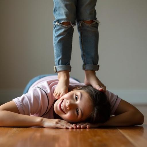 Smiling barefoot girl wearing jeans is standing on the face of a friend who is laying down on a highly reflective wooden floor