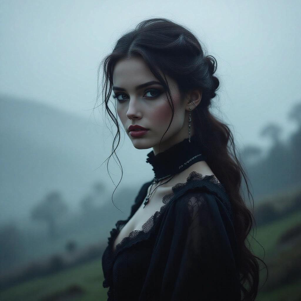 Portrait of a mysterious woman in a dark fantasy setting. Gothic atmosphere enhances allure. Low-key lighting and chiaroscuro create depth and mystery. Background features fog and muted colors against a stormy sky.
