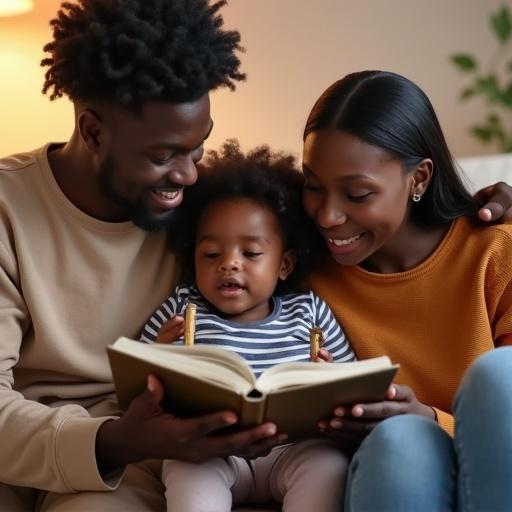 Nigerian three year old child reading a book to parents in comfy environment at home. Family enjoying time together. Warm atmosphere. Soft indoor lighting.
