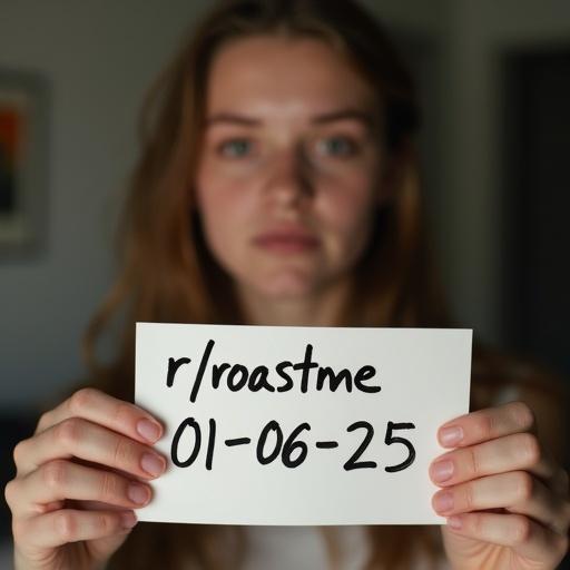 A teenage woman holds a handwritten note that reads r/roastme 01/06/25. The selfie captures a low-quality image with poor lighting. The focus lies on her expression and the note.