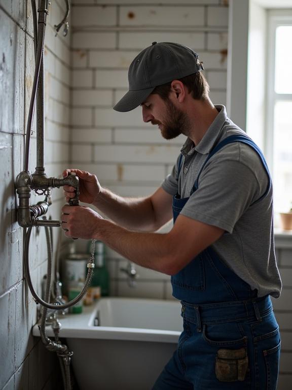 Plumber engaged in repairing a faucet in a bathroom setting. The plumber wears a gray cap and a gray shirt under blue overalls. Bright natural light illuminates the workspace.  The walls are tiled in a rustic style, and tools are visible nearby.