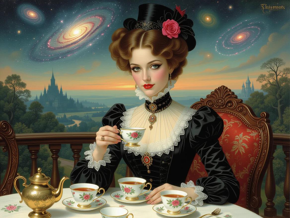 Elegant Victorian woman enjoying tea in a surreal setting. Teacups filled with swirling galaxies. Tentacled entities suggested in the background. Furniture transforming into non-Euclidean shapes. Influences from cosmic horror and surreal landscapes. Highly detailed oil painting.