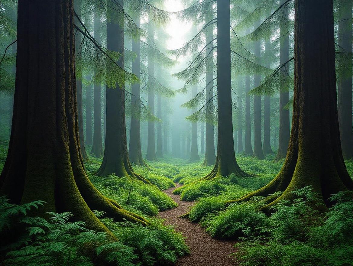 A serene forest scene showcasing tall trees with moss-covered trunks and a lush green undergrowth. A winding path leads through the forest, illuminated by soft light.
