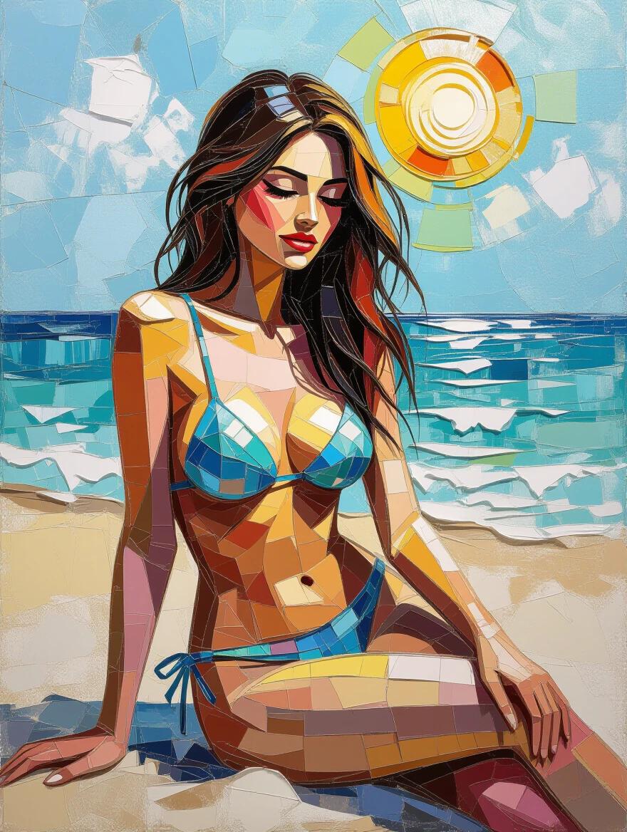 Highly textured mixed media artwork featuring a nude model at the beach. Iridescent ceramic tile and glass mosaic composition with abstract elements.