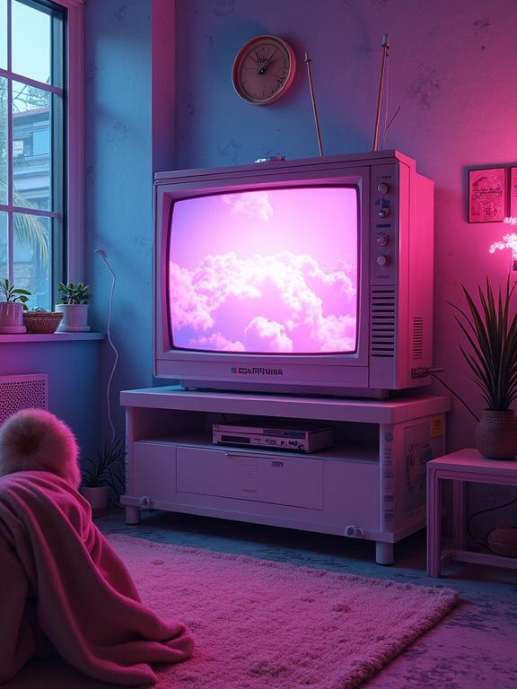 90s Tokyo style aesthetic featuring a pastel tube television showcasing colorful clouds. High detail in colors and atmospheric lighting. Warm and inviting interior design with plants and a cozy rug.