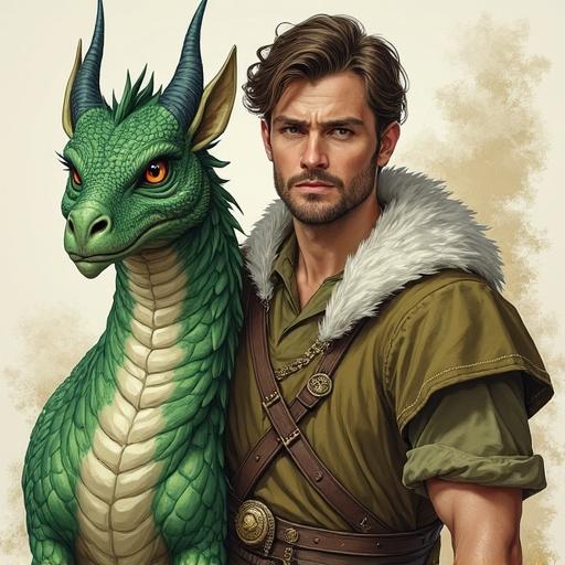 Drawing shows an attractive man with short dark hair alongside his green-scaled dragon with wings. Set in a medieval fantasy world.