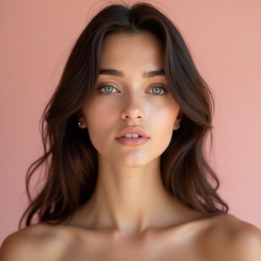 Model appears to be 18 years old. She has fair skin with a natural glow. Oval face shape, slightly pointed chin. Intense blue eyes that are large and expressive. Well-defined dark brown eyebrows. Long dark brown hair styled in soft waves. Thin, delicate nose that suits her face. Full lips with a natural pale pink color. She wears light makeup for a natural look. Neutral expression with a slight lightness in her gaze. Front pose with straight head and shoulders. Background is plain pinkish beige. Soft fronts without harsh shadows. Full body photo.
