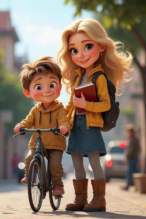 Generate a Pixar style image featuring a natural blond woman in her thirties riding a bicycle. Include a young boy by her side with books loaded on a trailer. The scene represents themes of education, adventure, and family.