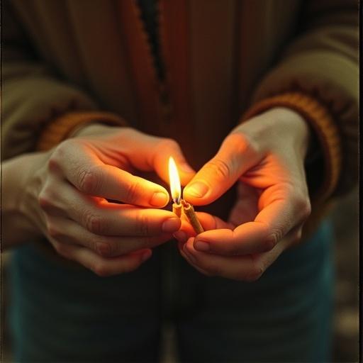 A vintage photograph captures a young person helping an elderly person ignite a cigarette. Close-up gives focus to youthful hand with match and aged hand with cigarette, illuminated by the match's glow.