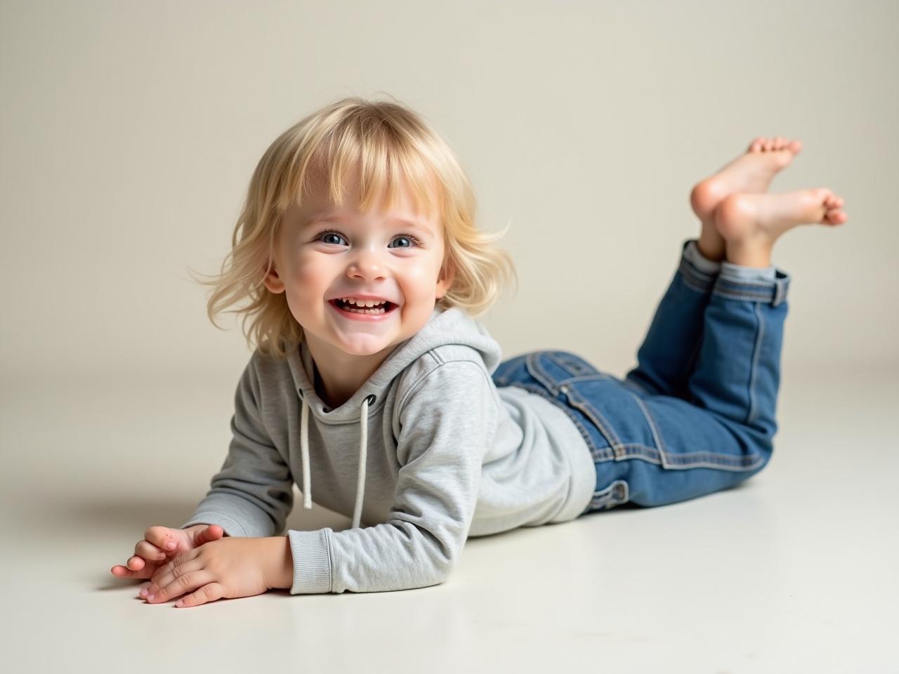 The image shows a young child with blonde hair lying on their stomach. They are wearing a light gray hoodie and blue jeans. The child has a cheerful expression with a bright smile. Their feet are lifted off the ground, showing the soles of their feet. The background is neutral and soft, providing a calm environment. The posture looks relaxed and playful, capturing a moment of joy. Overall, the image conveys a sense of innocence and happiness.