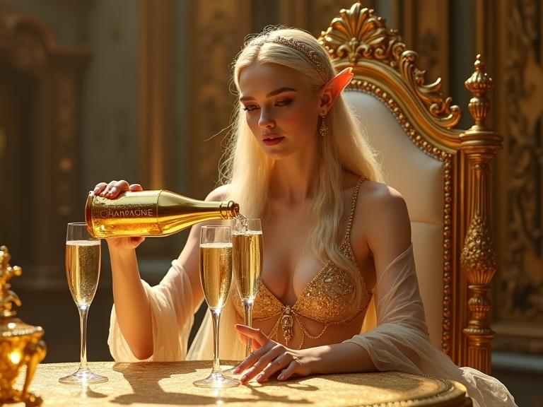 Female high elf dressed in elegant royal clothes pouring champagne from a golden bottle on a vintage table filled with long champagne glasses. Scene set in a luxurious castle with rich decorations.