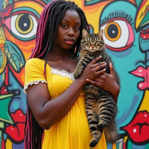 A young woman with vibrant colorful dreadlocks holds a tabby cat in a surreal, psychedelic setting. She wears a yellow dress with white lace trim and black and white striped stockings. Background features abstract faces with oversized eyes and lips. Image has a whimsical yet eerie mood.