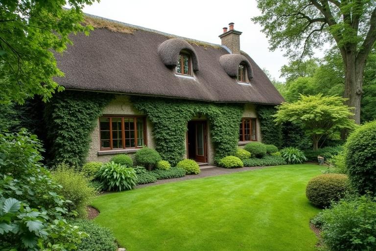 An Irish home surrounded by a lush green garden. The garden features well-maintained shrubs and plants. The house has a distinctive thatched roof and attractive architecture. Paved path leads to the entrance, enhancing the inviting feel.