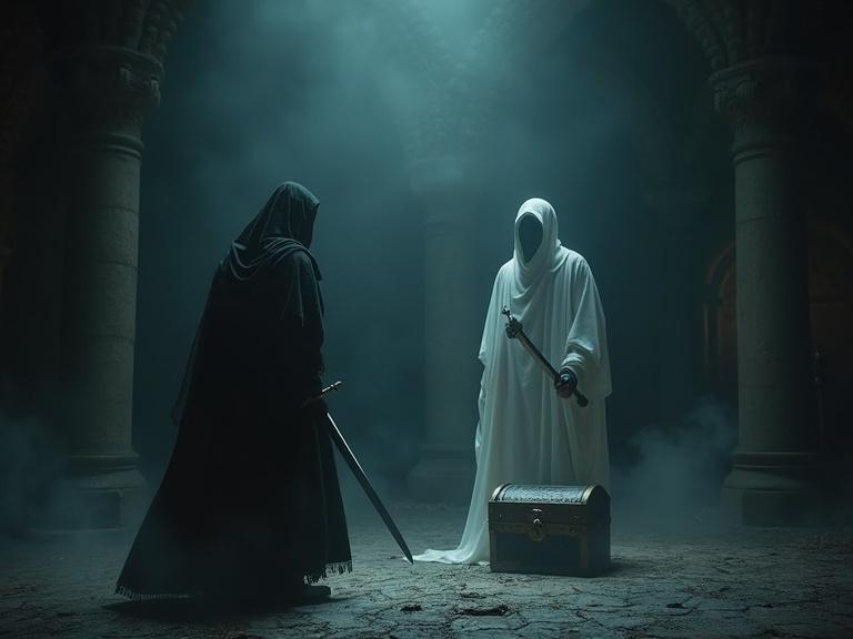 A swordsman stands in a dark room facing a ghost. The ghost is holding a sword. A treasure chest is nearby. Smoke surrounds the scene.